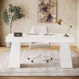 White Ribbed Desk BYBLIGHT Moronia 55 in. Modern Rectangle Rustic White Engineered Wood ...