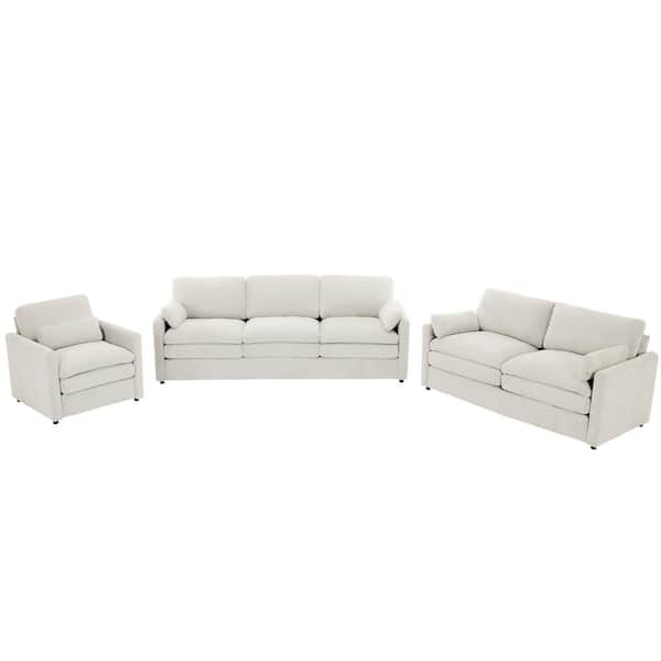 3-Piece Beige Chenille Living Room Set with Loveseat and Single Sofa