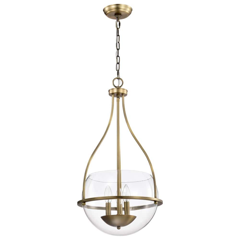 Amado 3-Light 14" Vintage Brass and Clear Glass Pendant