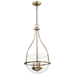 Amado 60-Watt 3-Light Vintage Brass Shaded Pendant Light with Clear Glass Shade and No Bulbs Included