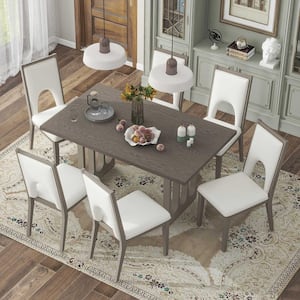 Farmhouse Style Gray 7-Piece Rectangle Wood Top Dining Set Seats 6 with Upholstered Chairs