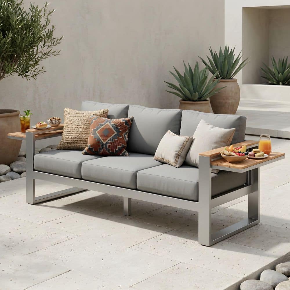 3-Seat Aluminum Armchairs Outdoor Patio Sofa with Gray Cushions