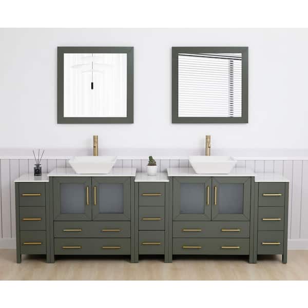 96 in. W Double Basin Vintage Green Bath Vanity with White Engineered Marble Top and Mirror