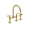 English Country Double-Handle Deck Mount Gooseneck Bridge Kitchen Faucet  with Brass Sprayer in Polished Brass