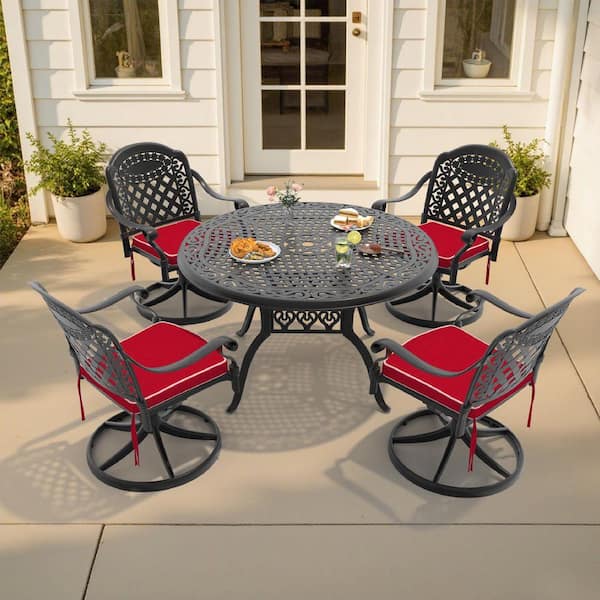 Isabella 5-Piece Cast Aluminum Patio Outdoor Dining Set with Round Dining Table, 4 Swivel Chairs and 4 Red Cushions