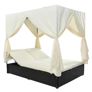 PE Wicker Outdoor Patio Day Bed, Chaise Lounge Sunbed with Removable Canopy Curtain and Adjustable Seat, Beige Cushion