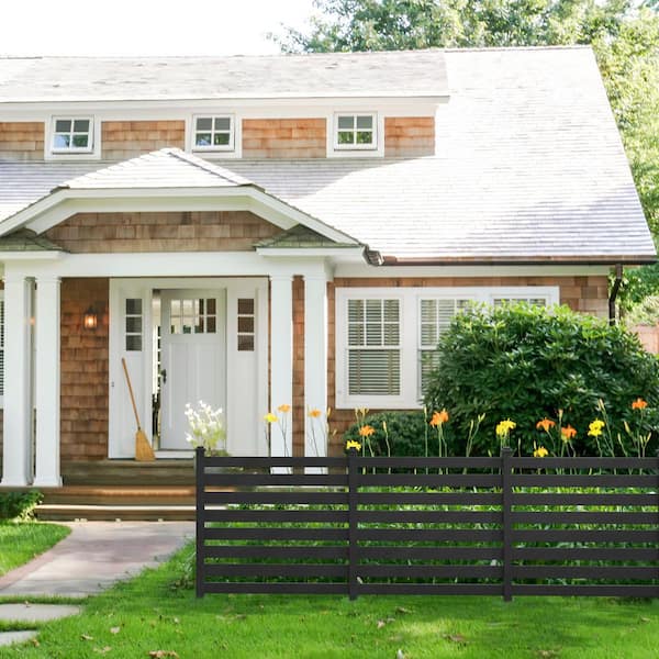 LUE BONA Ares 38 in. x 46 in. Black Garden Fence W/Post & No-Dig Steel Cone Anchor Recycled Plastic Privacy Fence Panel (2-Pack)