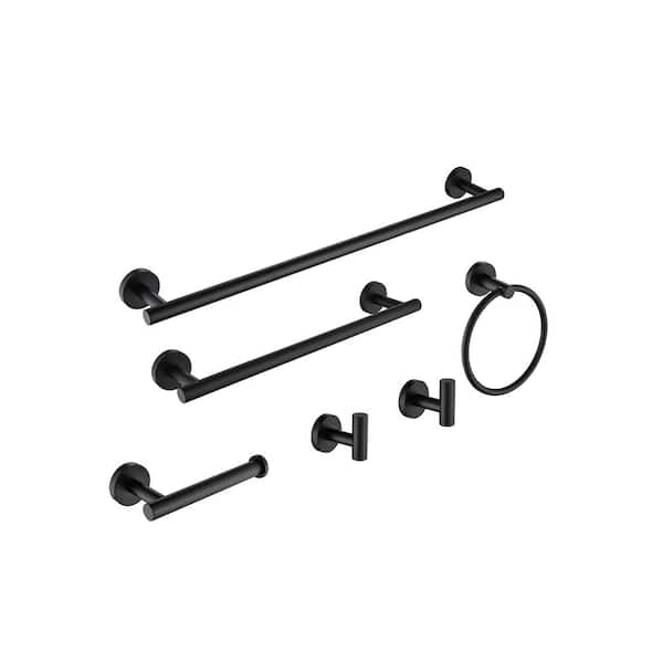 Aoibox 6 Pcs 26.5 in. Steel Wall Mounted Bath Hardware Set with Towel Bar&Ring, Toilet Paper Holder, Hooks in Black