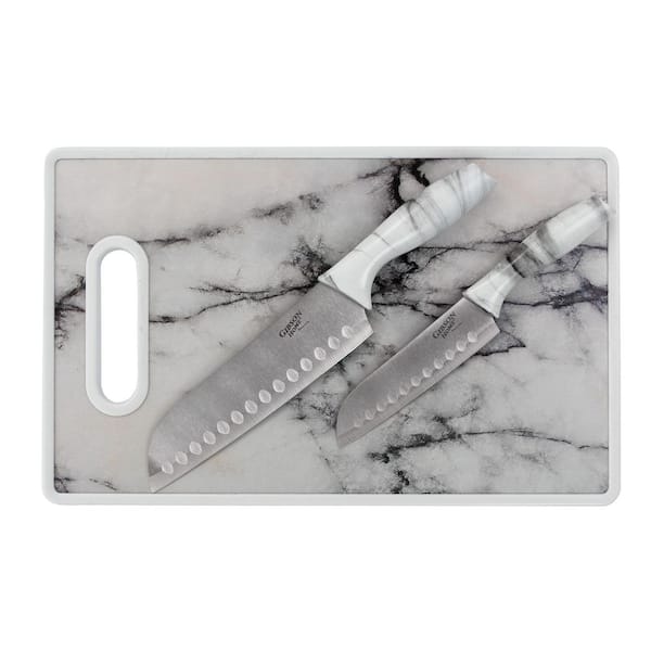 Beaumont 3 Piece Stainless Steel Santoku Knife Set with Cutting Board in White Marble