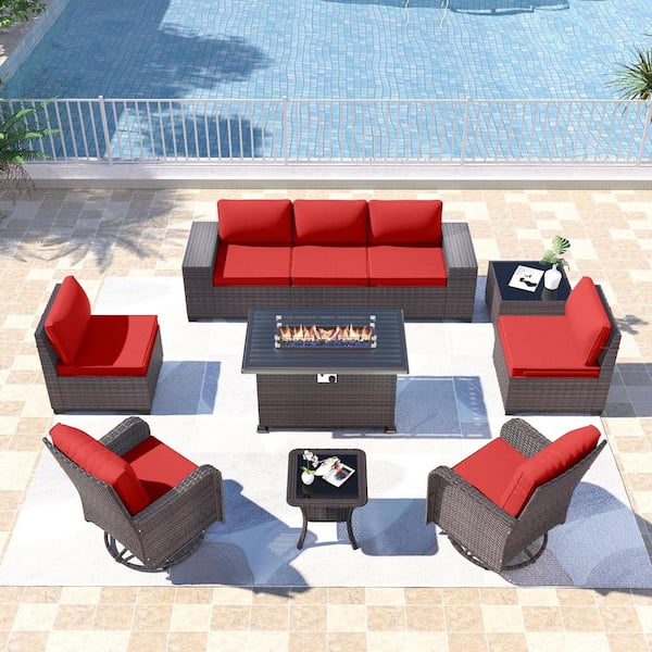 Halmuz 10-Piece Wicker Outdoor Patio Conversation Set with 55000 BTU Propane Fire Pit Table and Swivel Rocking Chairs, Red