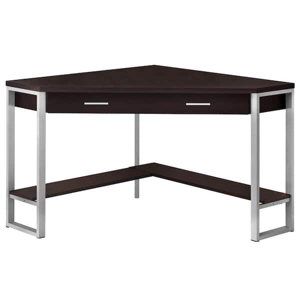 HomeRoots 24 in. Corner Cappuccino/Silver 1 Drawer Computer Desk with Built-In Storage