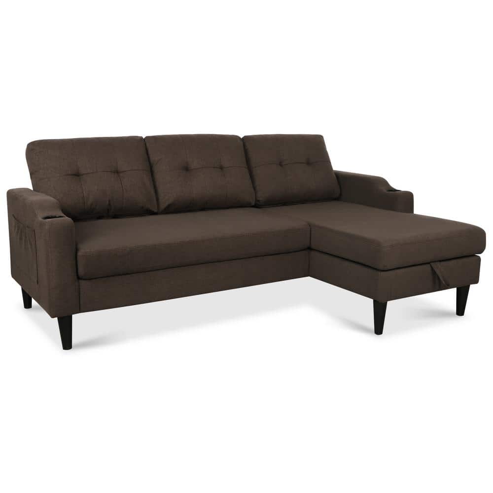 Brown Tufted Linen Fabric Sectional Sofa with Storage and Cup Holders