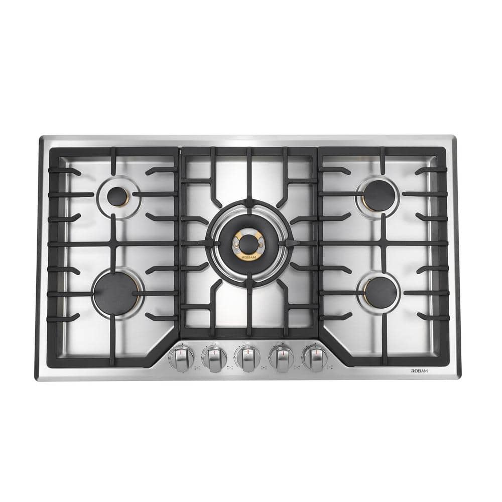 ROBAM 36 in. Gas Cooktop in Stainless Steel with 5 Brass Burners including 20,000 BTU Burner, Silver