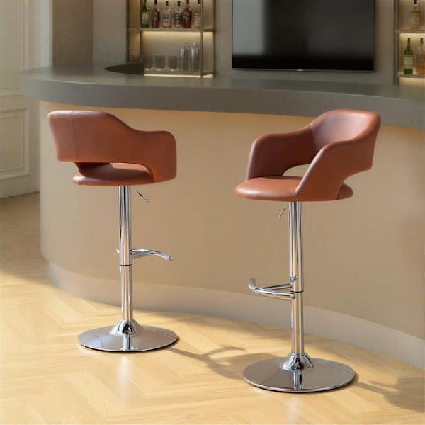 Margarite 32.75 in. Brown Faux Leather and Chrome Metal Adjustable Barstool (Set of 2)
