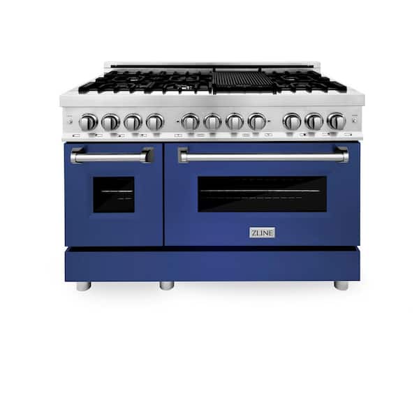 ZLINE Kitchen and Bath 48 in. 7 Burner Double Oven Dual Fuel Range with Blue Matte Door in Stainless Steel