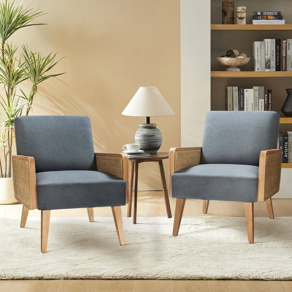 Handcrafted Blue Velvet Armchairs with Rattan Arms, Set of 2