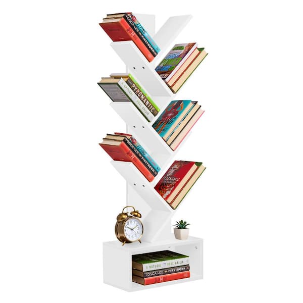 7 Tier Tree Bookshelf, 44.25 in. White Wood 7-Shelf Accent Bookcase with Storage Shelf, Cable Access, and Non-Slip Pads