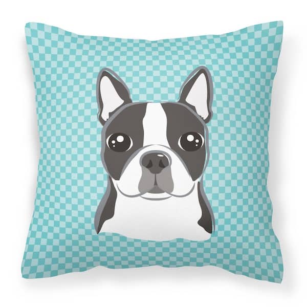 Caroline's Treasures 14 in. x 14 in. Multi-Color Lumbar Outdoor Throw Pillow Checkerboard Blue Boston Terrier Canvas