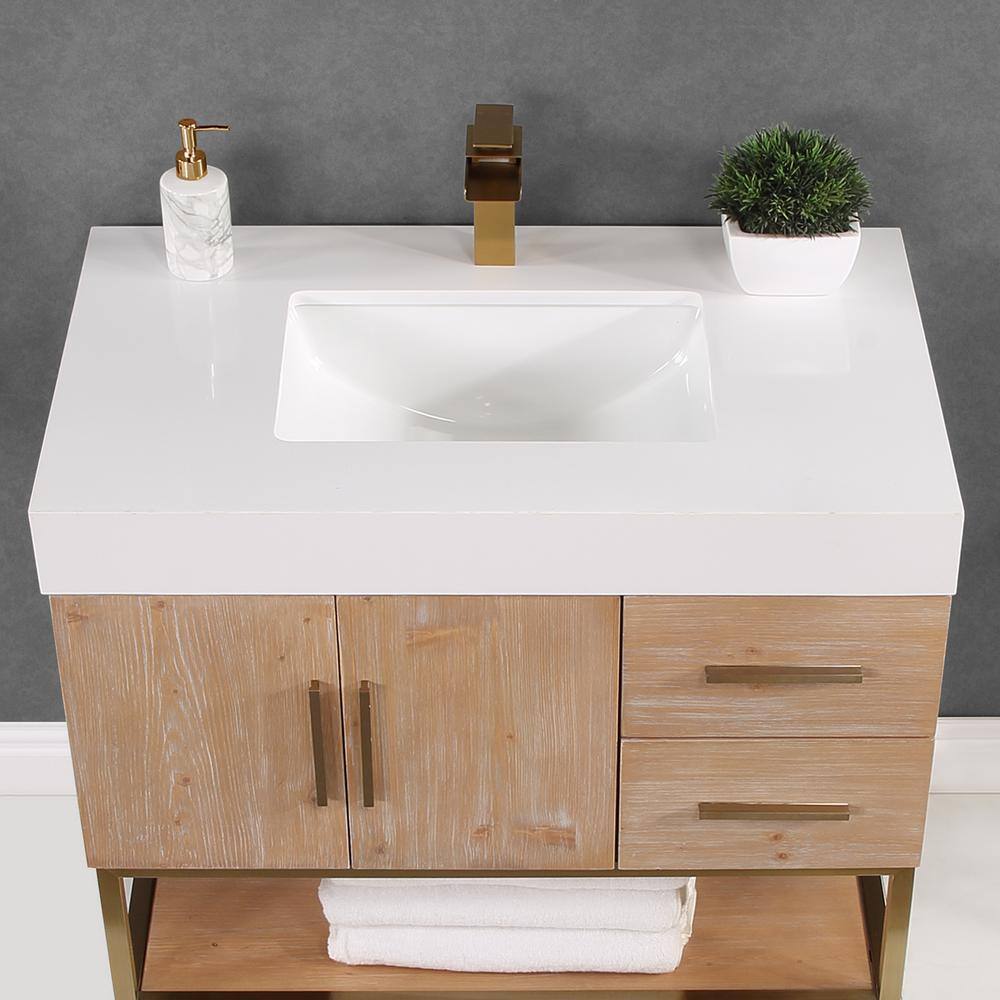 Bianco 36" Light Brown Wood Vanity with White Stone Top