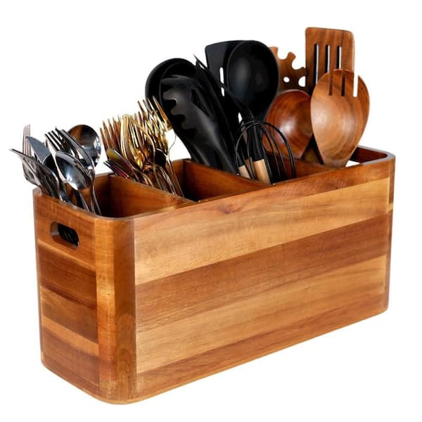 Extra Large Acacia Rustic Wood Kitchen Utensil Holder Organizer with 4 Compartment for Counter or Countertop