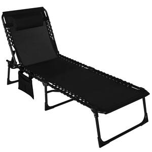 Outdoor Folding Chaise Lounge Chair Fully Flat for Beach with Pillow and Side Pocket in Black