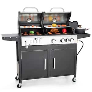 3-Burner Dual Fuel Grill Propane and Charcoal in Black with Side Burner Hose and Regulator