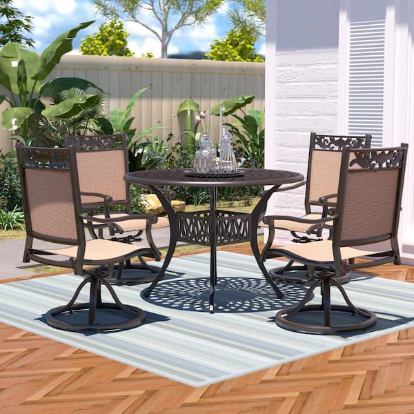 LAUREL CANYON Classic Dark Brown 5-Piece Cast Aluminum Round Outdoor Dining Set with Table and Swivel Dining Chairs