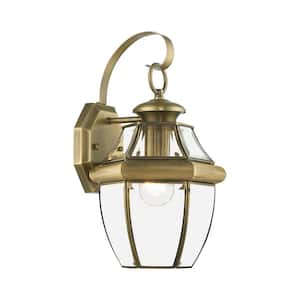 Aston 14 in. 1-Light Antique Brass Outdoor Hardwired Wall Lantern Sconce with No Bulbs Included
