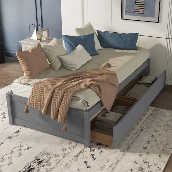 Harper & Bright Designs Gray Wood Frame Twin Size Platform Bed with 2-Drawers Storage