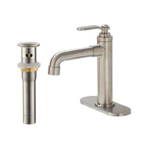 1.2 GPM Single Handle Single Hole Vessel Bathroom Faucet with Deckplate and Pop-Up Drain Kit in Brushed Nickel