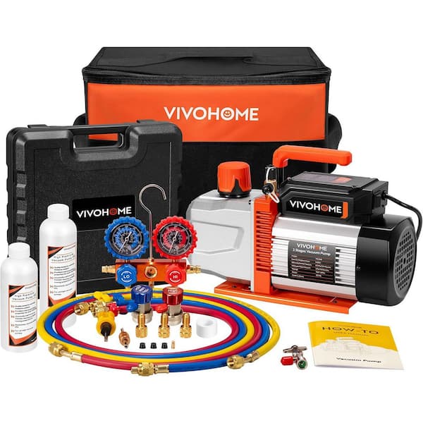 1/2 HP 5CFM 2 Stage HVAC Vacuum Pump and 3 Way Manifold Gauge Kit with 5 ft. Hoses for R134a R12 R22 R502 R410a