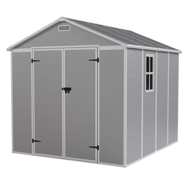 8 ft. W x 8 ft. D Gray Durable Outdoor Resin Plastic Storage Shed with Sloping Roof, Double Lockable Door(64 sq. ft. )