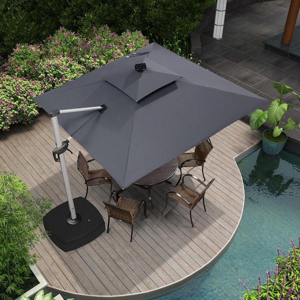 PURPLE LEAF 9 ft. Square Aluminum Solar Powered LED Patio Cantilever Offset Umbrella with Wheels Base, Gray