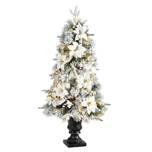 4 ft. Flocked Artificial Christmas Tree with 223 Bendable Branches and 100 Warm Lights in Decorative Urn