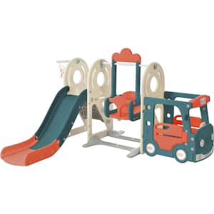 Red Freestanding Bus Structure Playset with Swing and Basketball Hoop