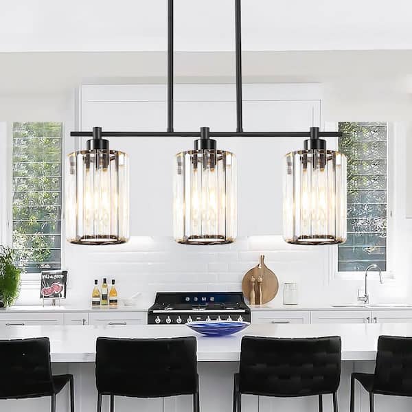 3-Light Modern Kitchen Island Crystal Pendant Light with Adjustable Height