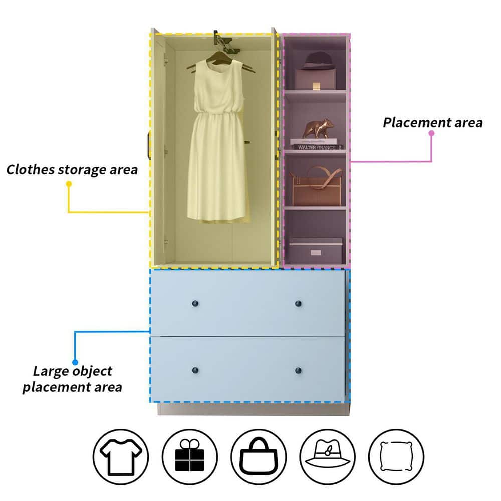 White Wood Armoires Wardrobe W/Mirror, Pulling Hanging Rod, Drawers and Shelves( 15.8 in. D x 35.5 in. W x 70.8 in. H) - thumbnail 8