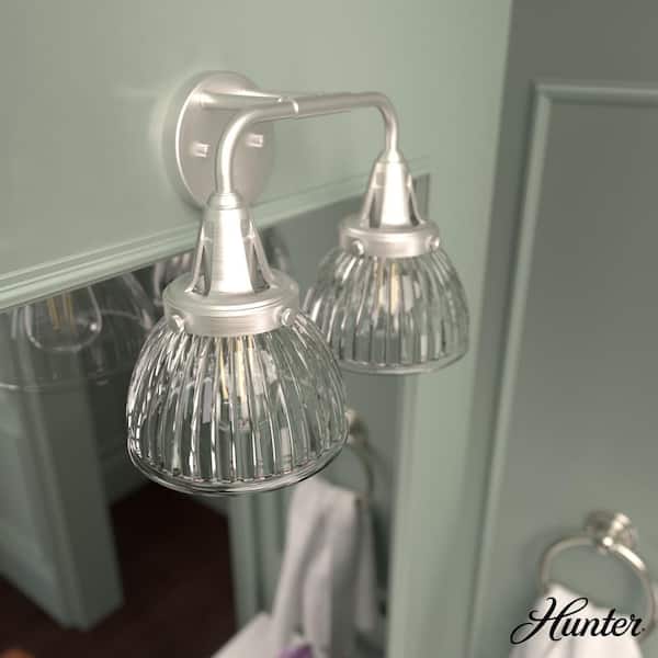 Hunter Cypress Grove 15.75 in. 2 Light Brushed Nickel Vanity Light with Clear Holophane Glass Shades Bathroom Light