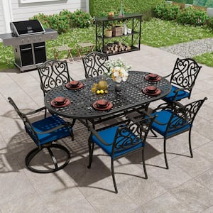 7-Piece Black Cast Aluminum Outdoor Dining Set with 1 Elliptical Table, 4 Dining Chairs, 2 Swivel Rockers Blue Cushion