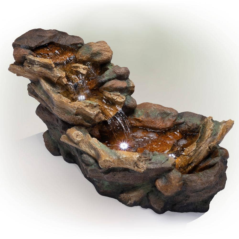 41" Brown Cascading Stone River Rock Fountain with LED Lights