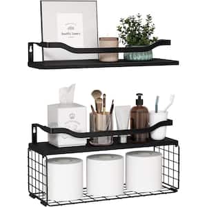 15.7 in. W x 6 in. D Decorative Wall Shelf, Black Bathroom Shelving with Toilet Paper Storage Basket