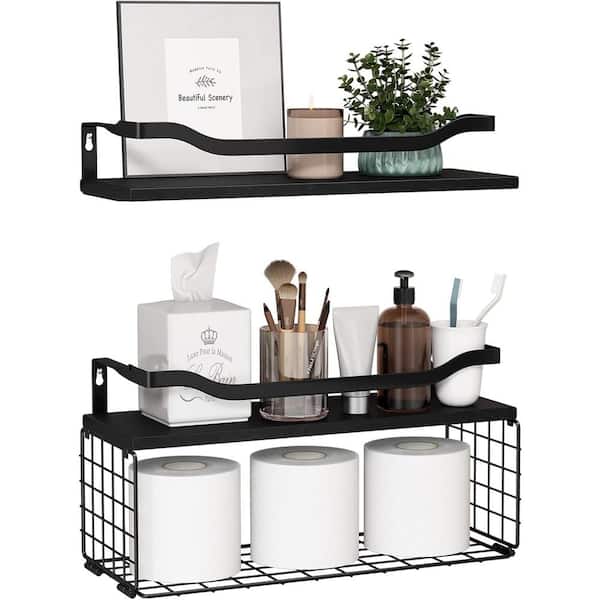 Cubilan 15.7 in. W x 6 in. D Decorative Wall Shelf, Black Bathroom Shelving with Toilet Paper Storage Basket