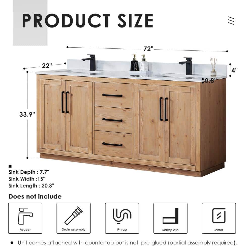 Cicero 72" Light Brown Fir Wood Bathroom Vanity with White Stone Countertop