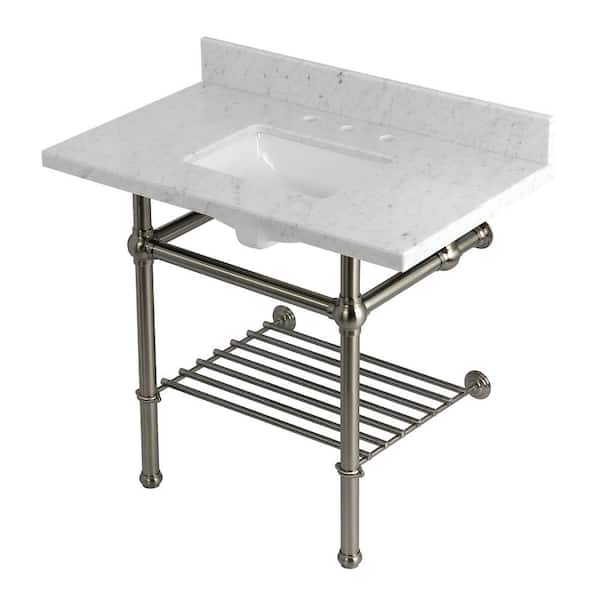 Kingston Brass Templeton 36 in. Marble Console Sink with Brass Legs in Carrara Marble/Brushed Nickel