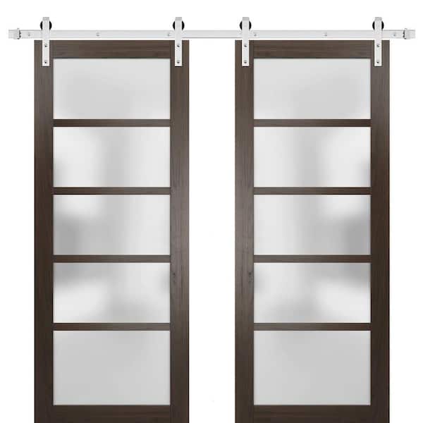 Sartodoors 30 in. x 80 in. 2 Panel Frosted Glass Chocolate Ash Solid MDF Sliding Barn Door with Hardware Kit