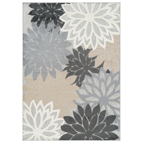 Floral Design Indoor/Outdoor High-Low Textured Area Rug, Floral, Easy-Clean Patio Rug 5' x 7' Gray
