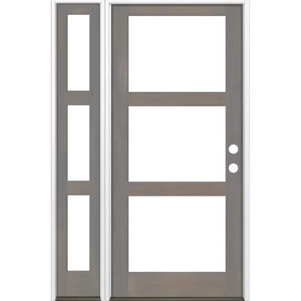 Krosswood Doors 56 in. x 96 in. Modern Hemlock Left-Hand/Inswing 3-Lite Clear Glass Grey Stain Wood Prehung Front Door w/Left Sidelite