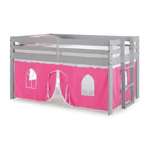 Jasper Twin Junior Loft Bed, Dove Gray Frame and Pink/White Bottom Playhouse Tent