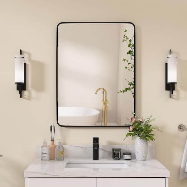 NTQ 24 in. W x 32 in. H Large Rectangular Framed Aluminum Vertical/Horizontal Wall Mounted Bathroom Vanity Mirror in Black
