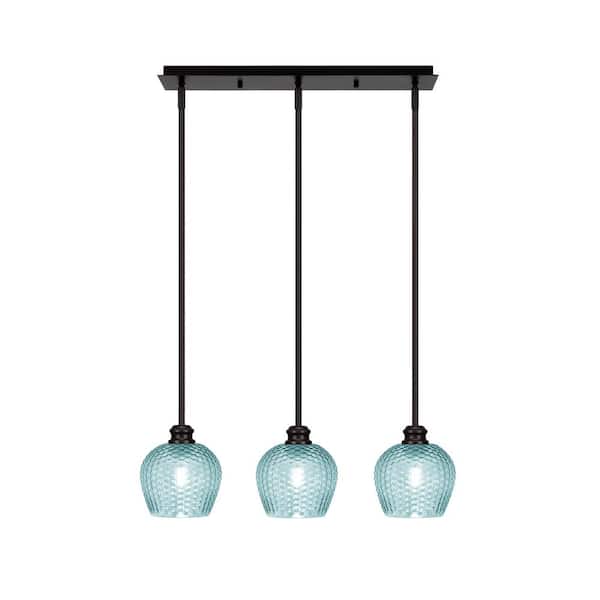 Unbranded Albany 60-Watt 3-Light Espresso Linear Pendant Light with Turquoise Textured Glass Shades and No Bulbs Included